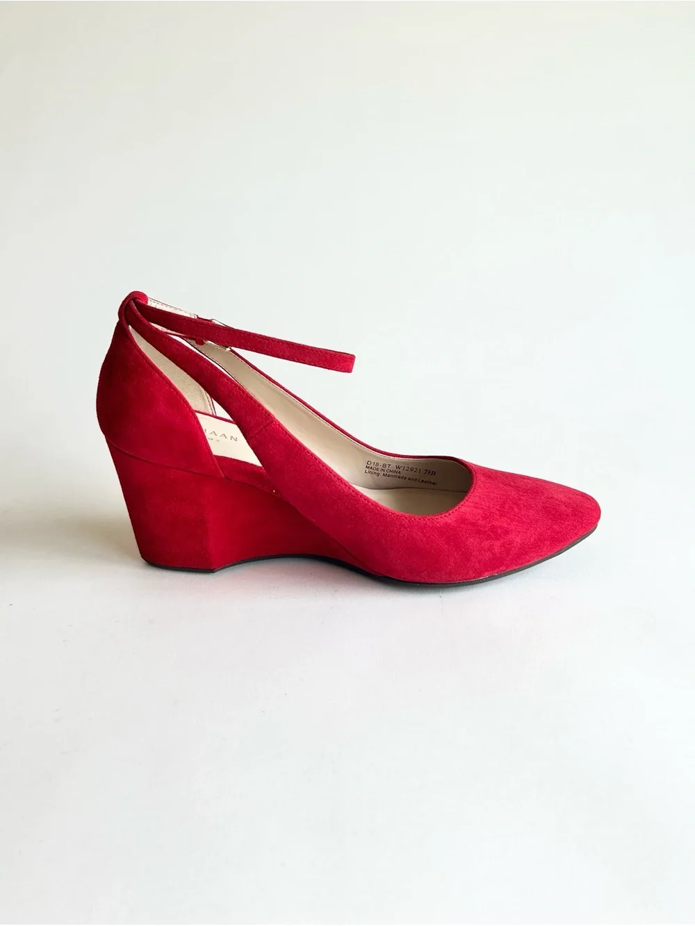 New Cole Haan Red Suede Leather Almond Toe Ankle Strap Wedge Heels size 7.5